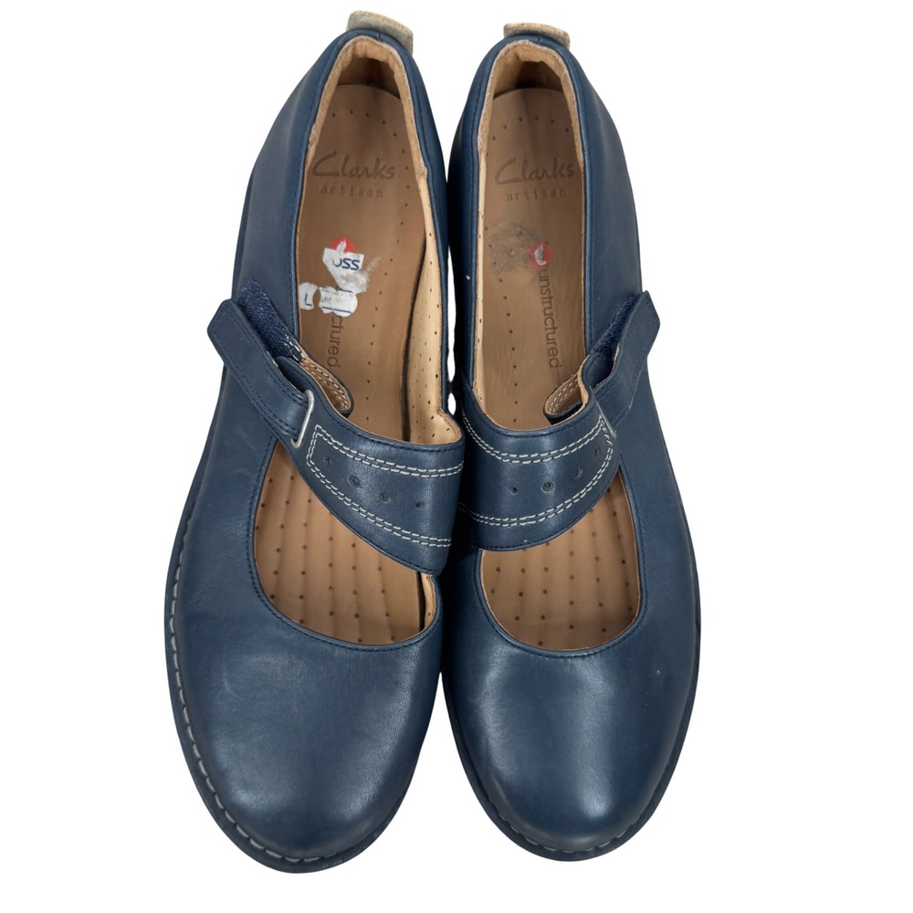 Clarks Artisan Unstructured Navy Leather Mary Jane Flats Womens Size 10 Comfort